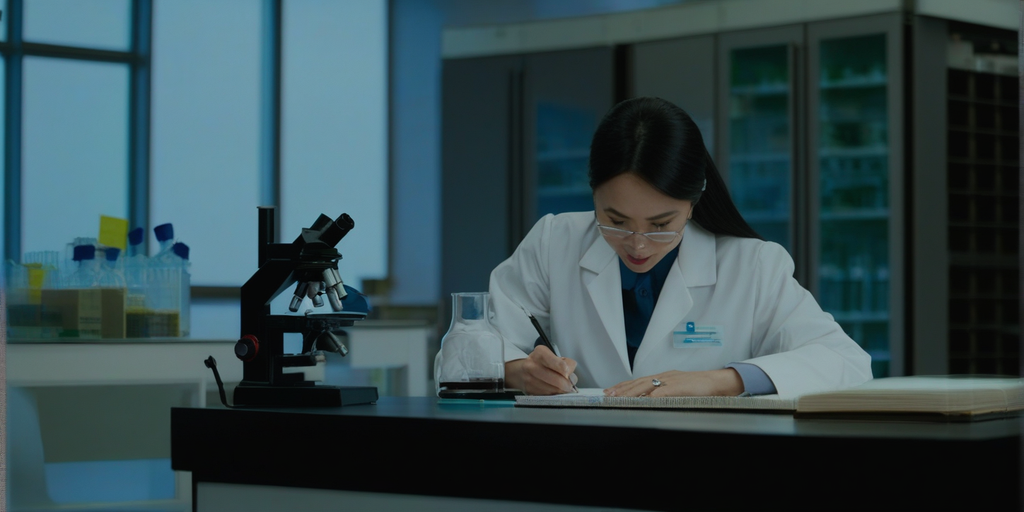 an-asian-woman-scientist-sits-at-table-in-a-chemistry-lab-writing-a-note.png